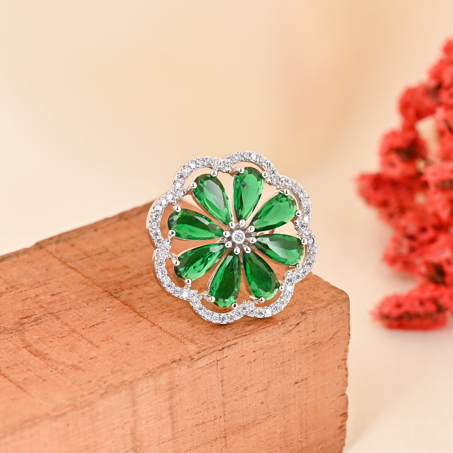 CKLAKART's NOOR Elegant Silver Ring Featuring Blooming Flower Design with Emerald Green Stone and American Diamonds