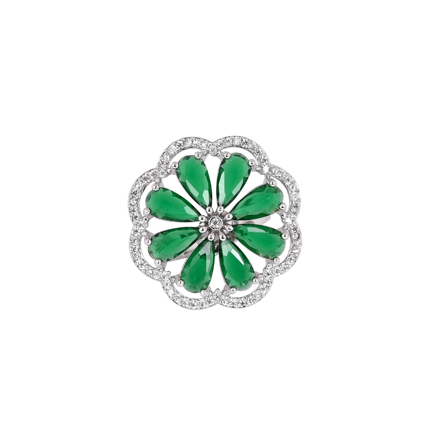 CKLAKART's NOOR Elegant Silver Ring Featuring Blooming Flower Design with Emerald Green Stone and American Diamonds