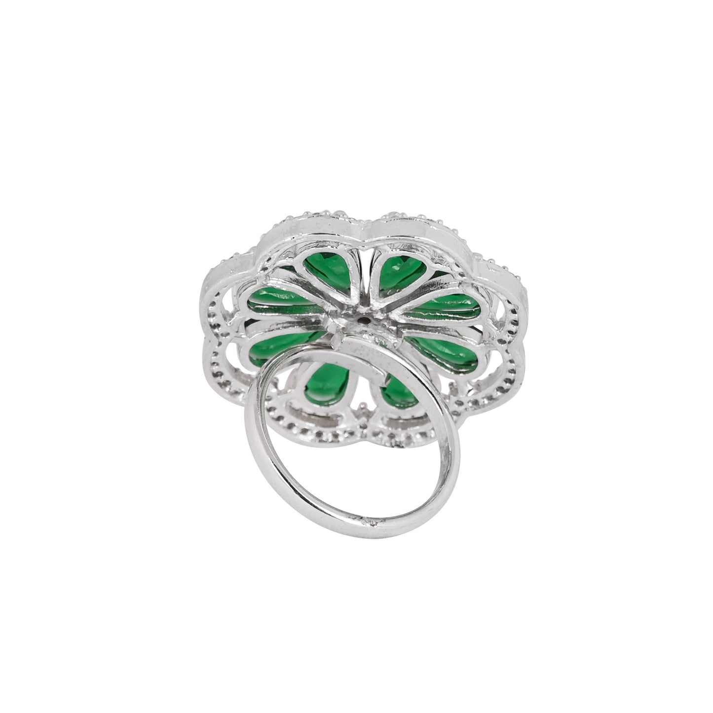 CKLAKART's NOOR Elegant Silver Ring Featuring Blooming Flower Design with Emerald Green Stone and American Diamonds