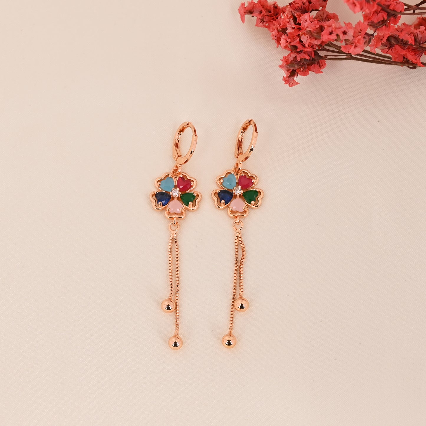 CKLAKART's Small Hoop Earrings with Multicolored Stone Flower and Droplet Detail