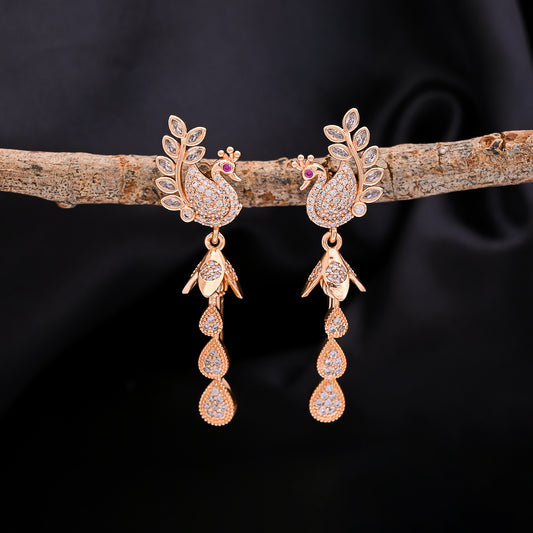 CKLAKART's Rose Gold Toned Peacock Danglers Enhanced with Shimmering AD