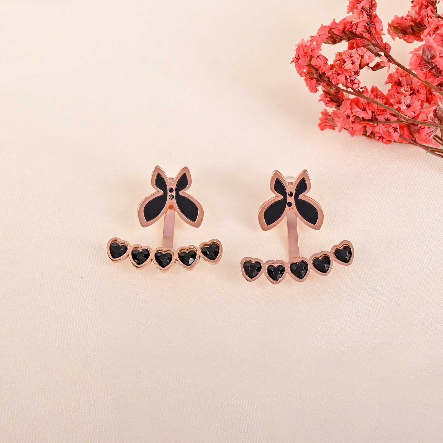 CKLAKART's Rose Gold Toned Butterfly and Heart 2-Way Stud Earrings