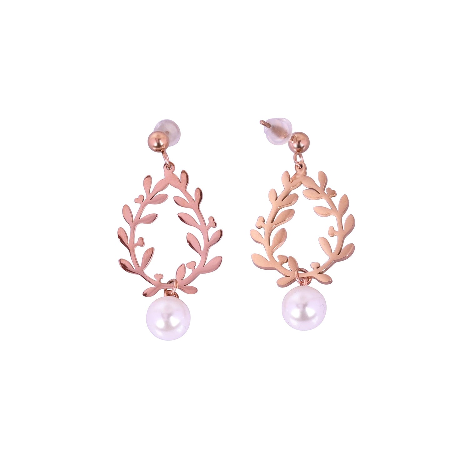 CKLAKART's Rose Gold Toned Leaf and Pearl Stud Earrings