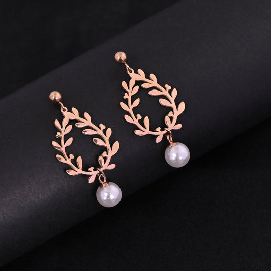 CKLAKART's Rose Gold Toned Leaf and Pearl Stud Earrings