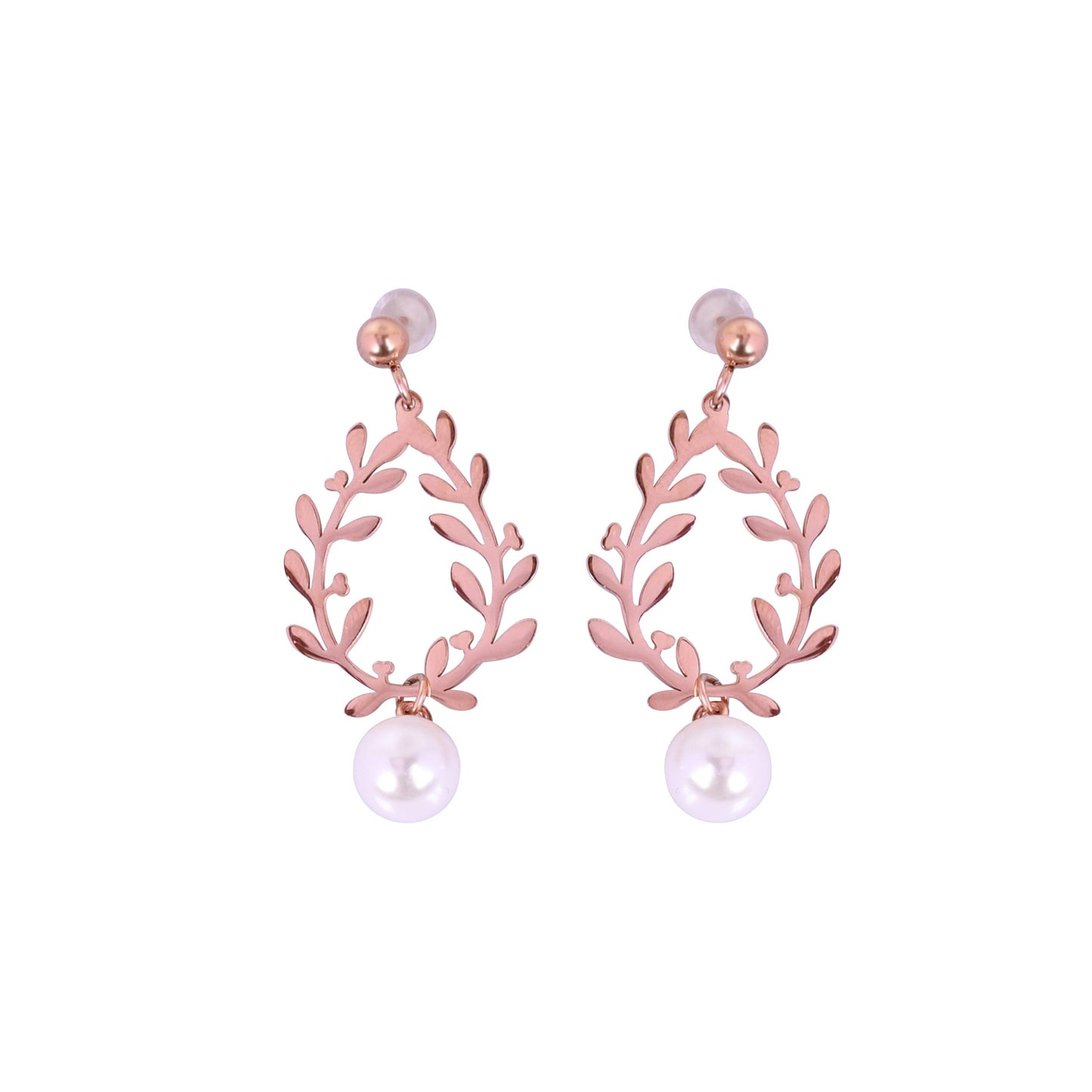 CKLAKART's Rose Gold Toned Leaf and Pearl Stud Earrings