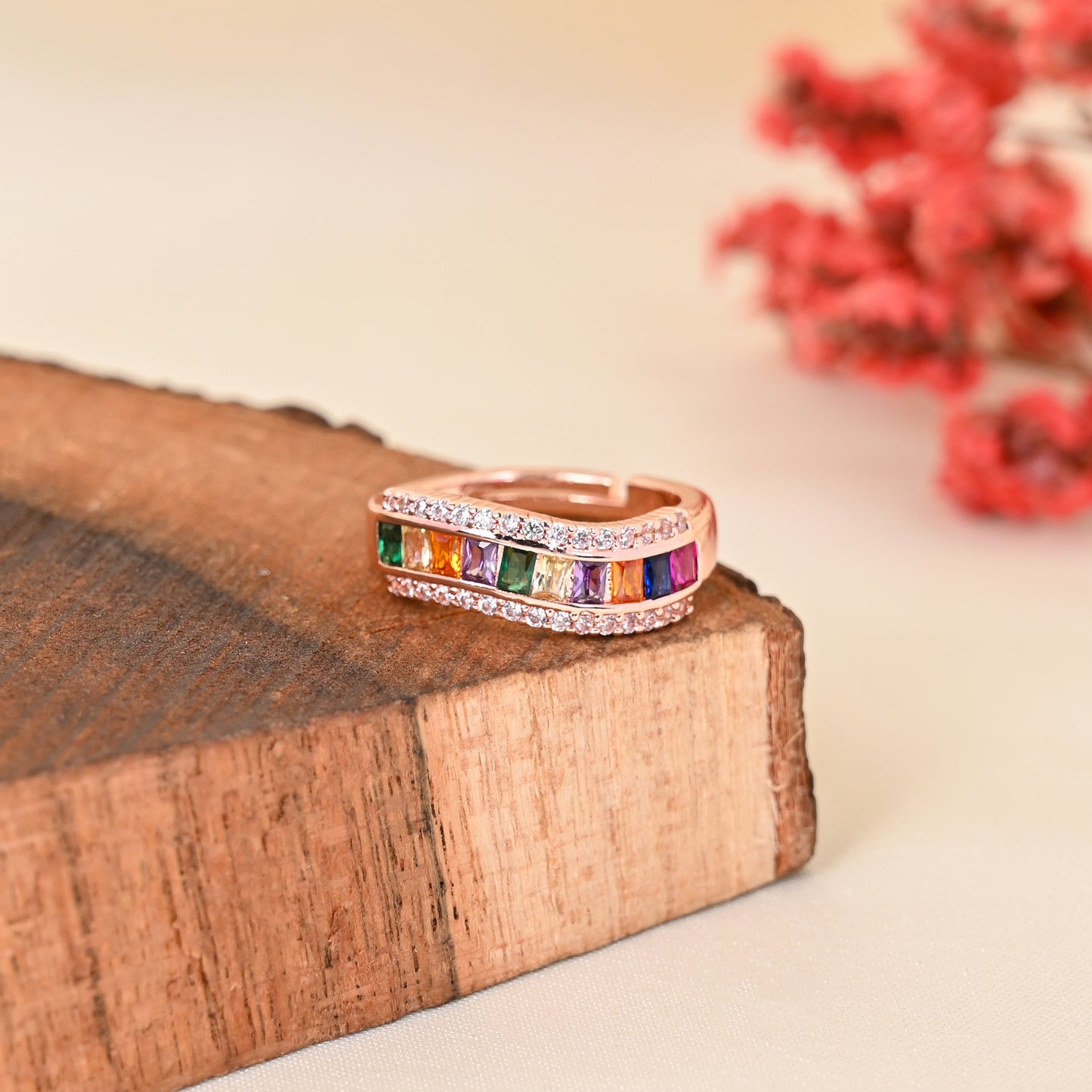 CKLAKART's Rose Gold Tone Cocktail Ring with Colorful Stones