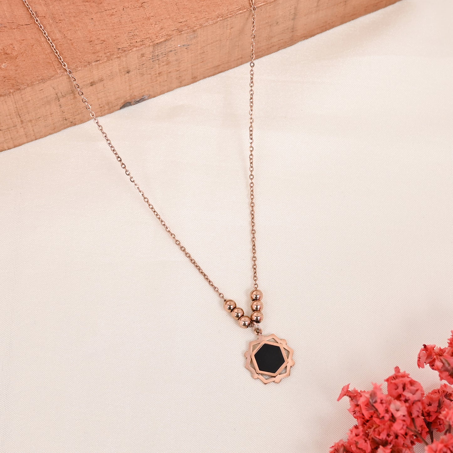 CKLAKART's Rose Gold Toned Geometric Pendant with Elegant Beaded Chain