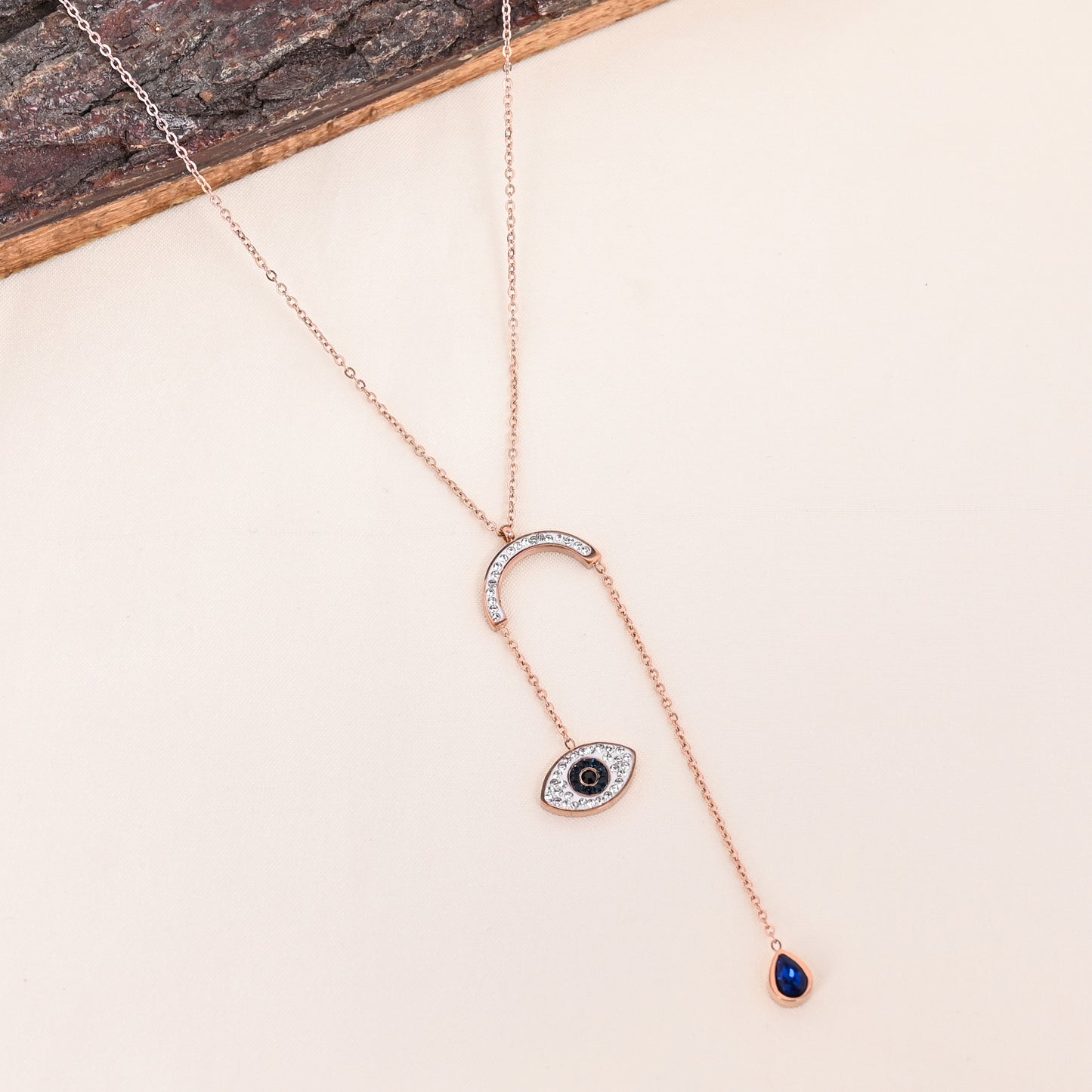 CKLAKART's Rose Gold Toned Evil Eye Pendant with Charm Necklace