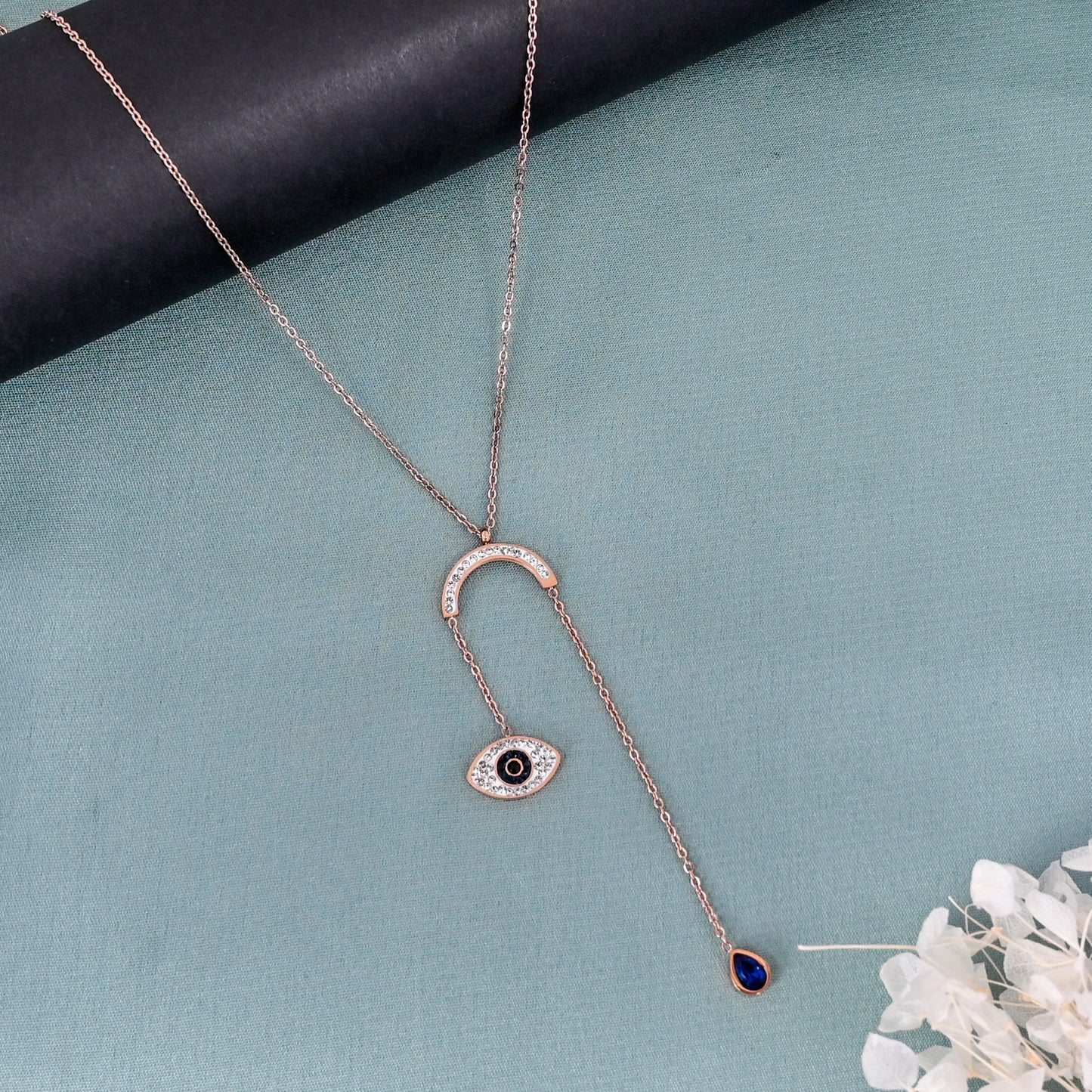 CKLAKART's Rose Gold Toned Evil Eye Pendant with Charm Necklace