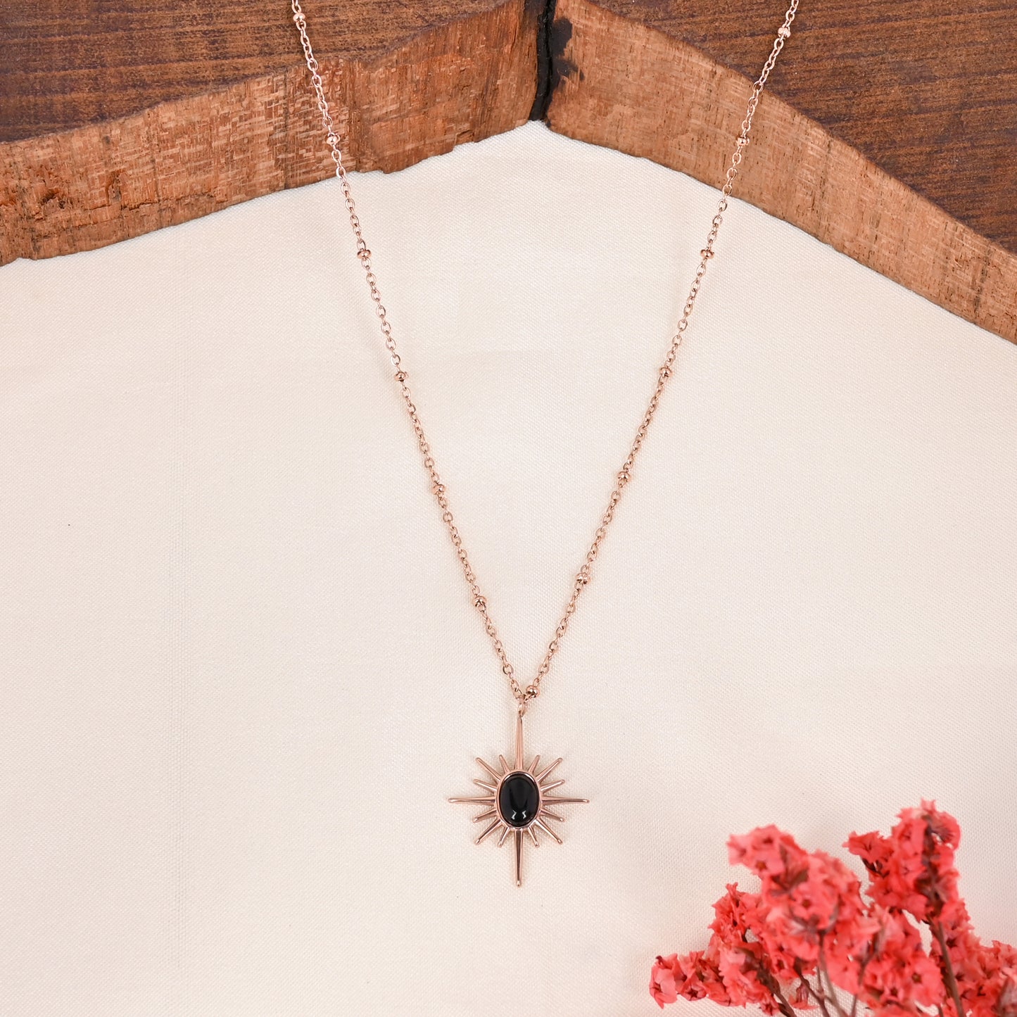 CKLAKART's Rose Gold Toned Sparkling Sun Pendant with Beaded Chain