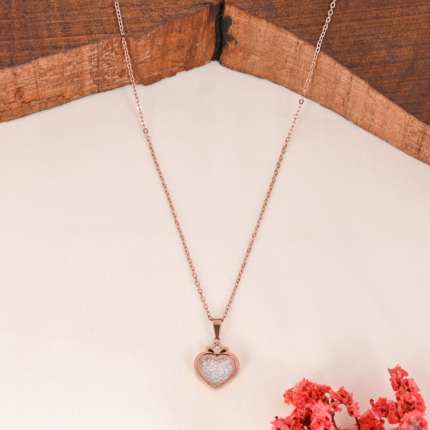 CKLAKART's Rose Gold Toned Heart Shaped Pendant with White Stones Neckpiece