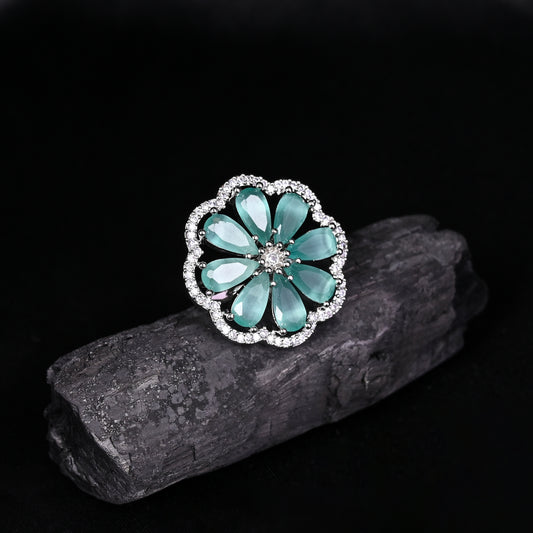 CKLAKART's NOOR Elegant Silver Ring Featuring Blooming Flower Design with Turquoise Green Stone and American Diamonds