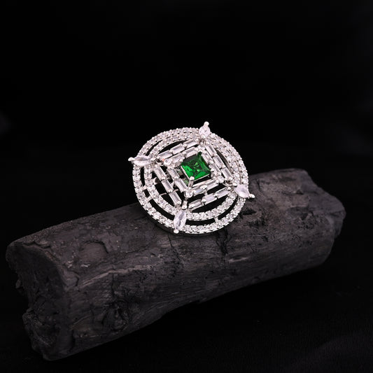 CKLAKART's NOOR Silver-Toned Ring Adorned with Emerald Green Stone and Sparkling American Diamonds