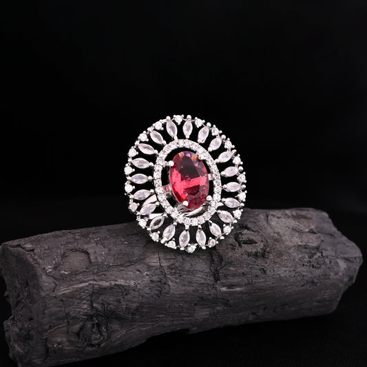 CKLAKART's NOOR Silver Ring Featuring Ruby Color Stone and American Diamond Accents