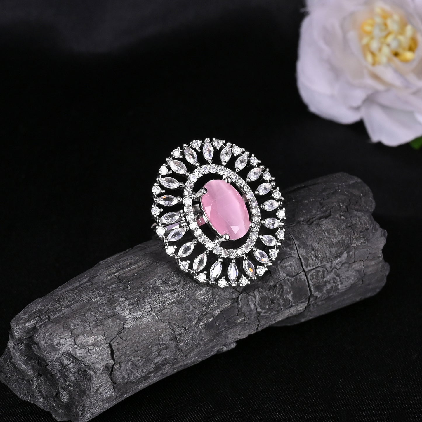 CKLAKART's NOOR Silver Ring Featuring Pink Color Stone and American Diamond Accents