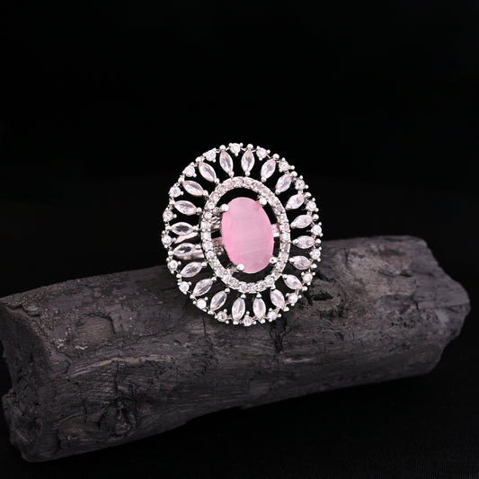 CKLAKART's NOOR Silver Ring Featuring Pink Color Stone and American Diamond Accents