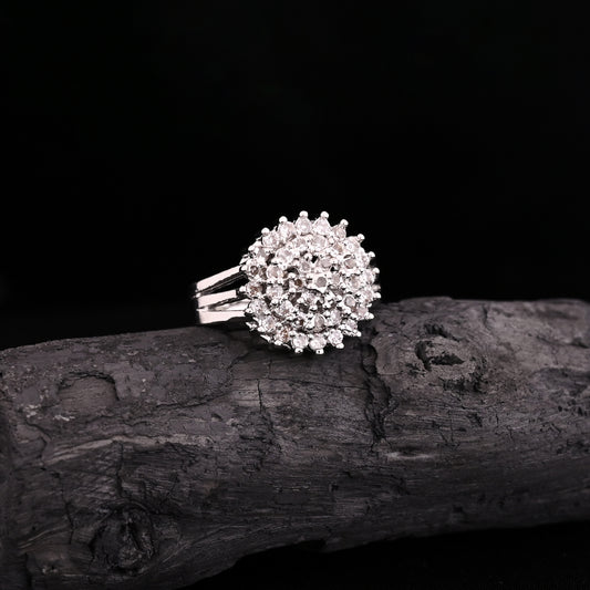 CKLAKART's NOOR Silver-Toned Ring Featuring Blooming Flower Design and Sparkling American Diamonds