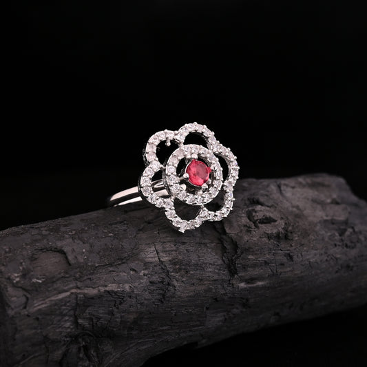 CKLAKART's NOOR Refined Silver-Toned Blooming Flower Ring Adorned with Ruby Color Stone and American Diamonds