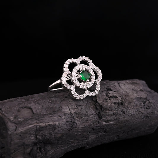 CKLAKART's NOOR Refined Silver-Toned Blooming Flower Ring Adorned with Emerald Green Color Stone and American Diamonds