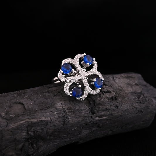 CKLAKART's NOOR Silver Clover Ring Featuring Sophisticated American Diamonds and Blue Sapphire Color Stone