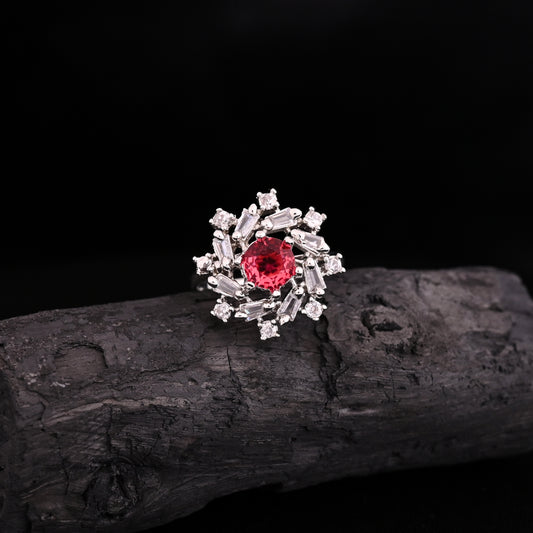 CKLAKART's NOOR Silver Ring Featuring Sophisticated Ruby Color Stone and Sparkling American Diamonds