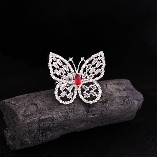 CKLAKART's NOOR Silver-Toned Butterfly Ring Adorned with Ruby Color Stone and Dazzling American Diamonds