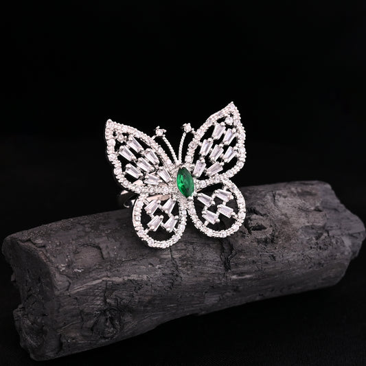 CKLAKART's NOOR Silver-Toned Butterfly Ring Adorned with Emerald green Color Stone and Dazzling American Diamonds