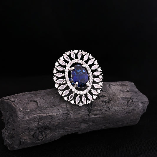 CKLAKART's NOOR Classic Silver-Toned Oval Ring with Blue Sapphire Color Stone and Sophisticated American Diamonds