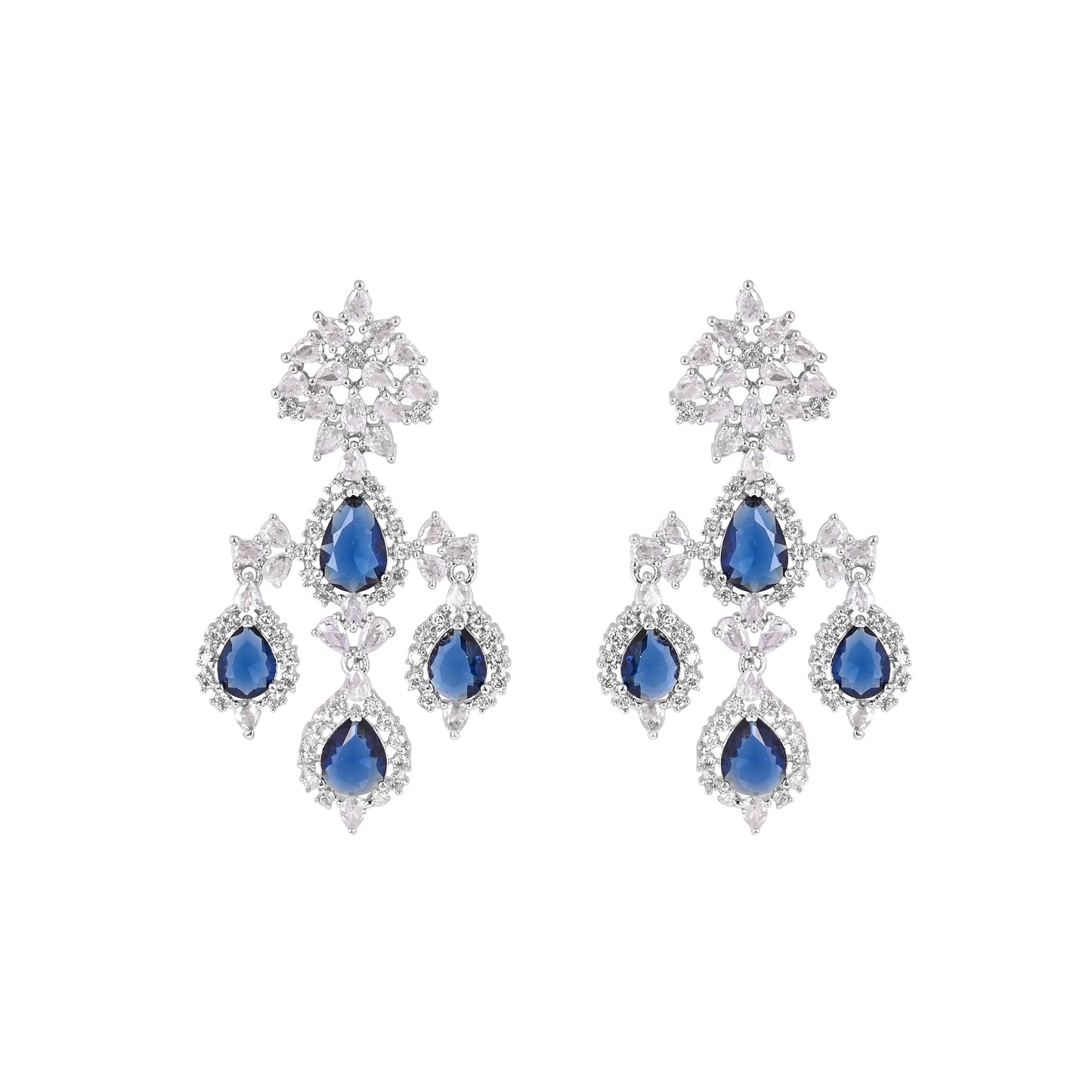 CKLAKART's NOOR Silver Chandelier Earrings Featuring Blue Sapphire Color Stones and Sparkling American Diamonds