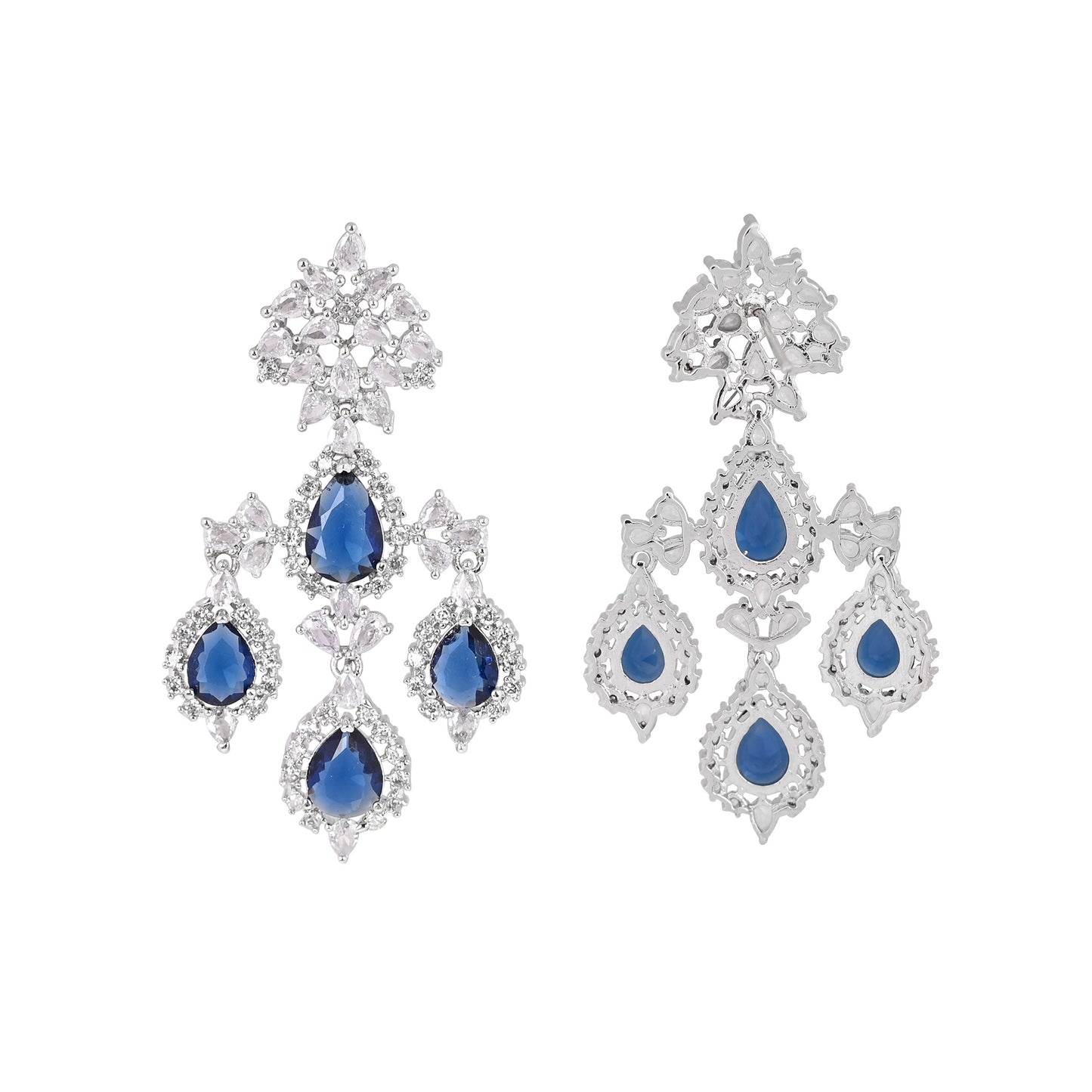 CKLAKART's NOOR Silver Chandelier Earrings Featuring Blue Sapphire Color Stones and Sparkling American Diamonds