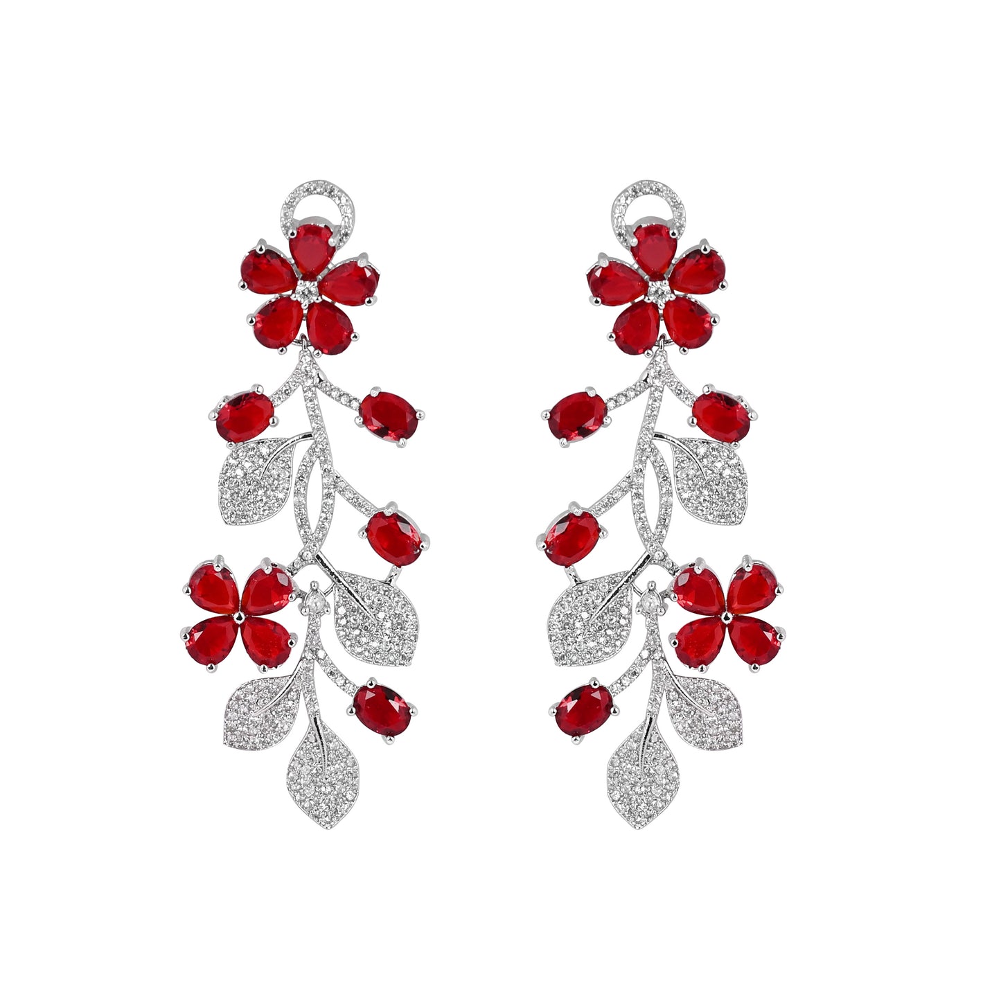 CKLAKART's NOOR Silver Flower Earrings Featuring Ruby Color Stones and Sparkling American Diamonds