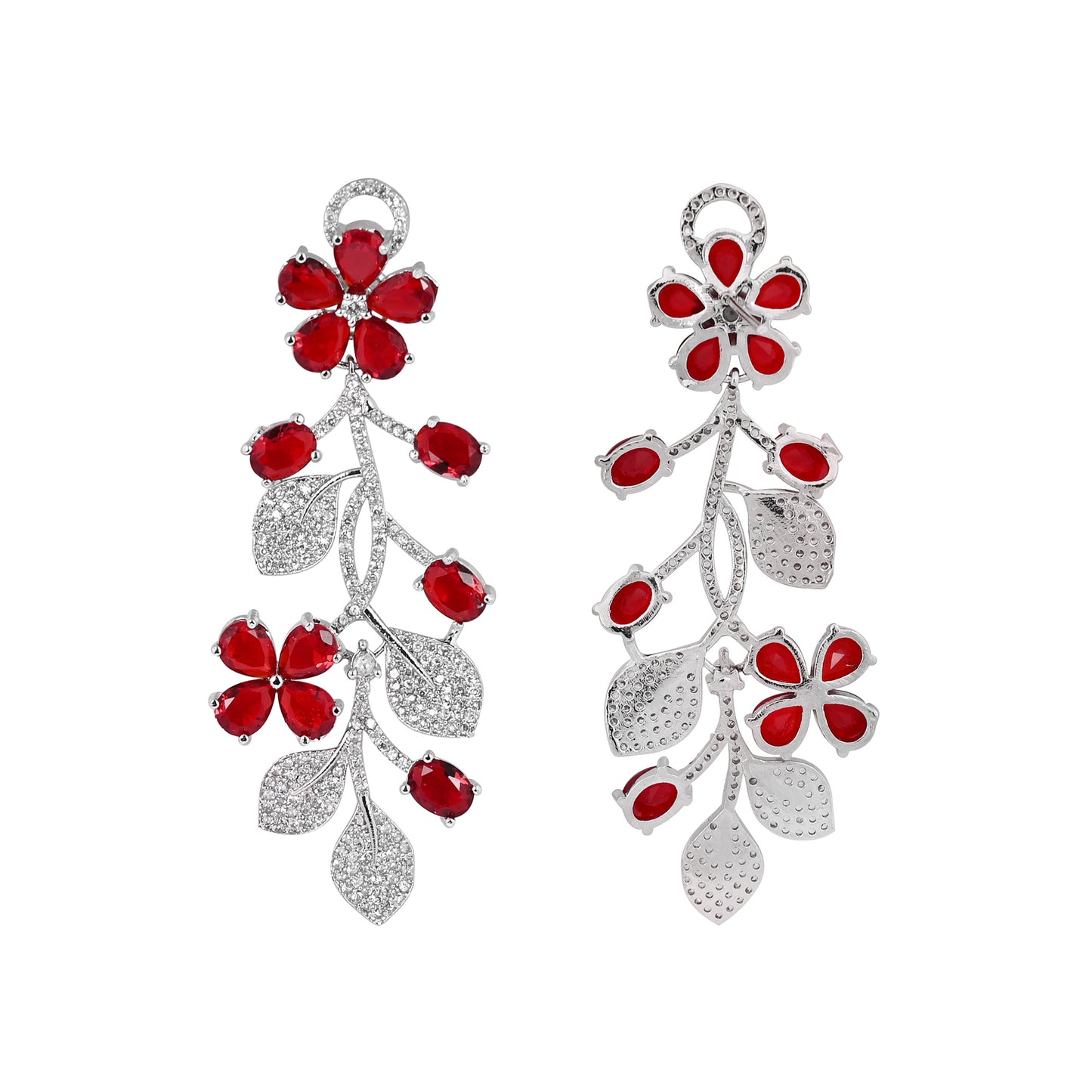 CKLAKART's NOOR Silver Flower Earrings Featuring Ruby Color Stones and Sparkling American Diamonds