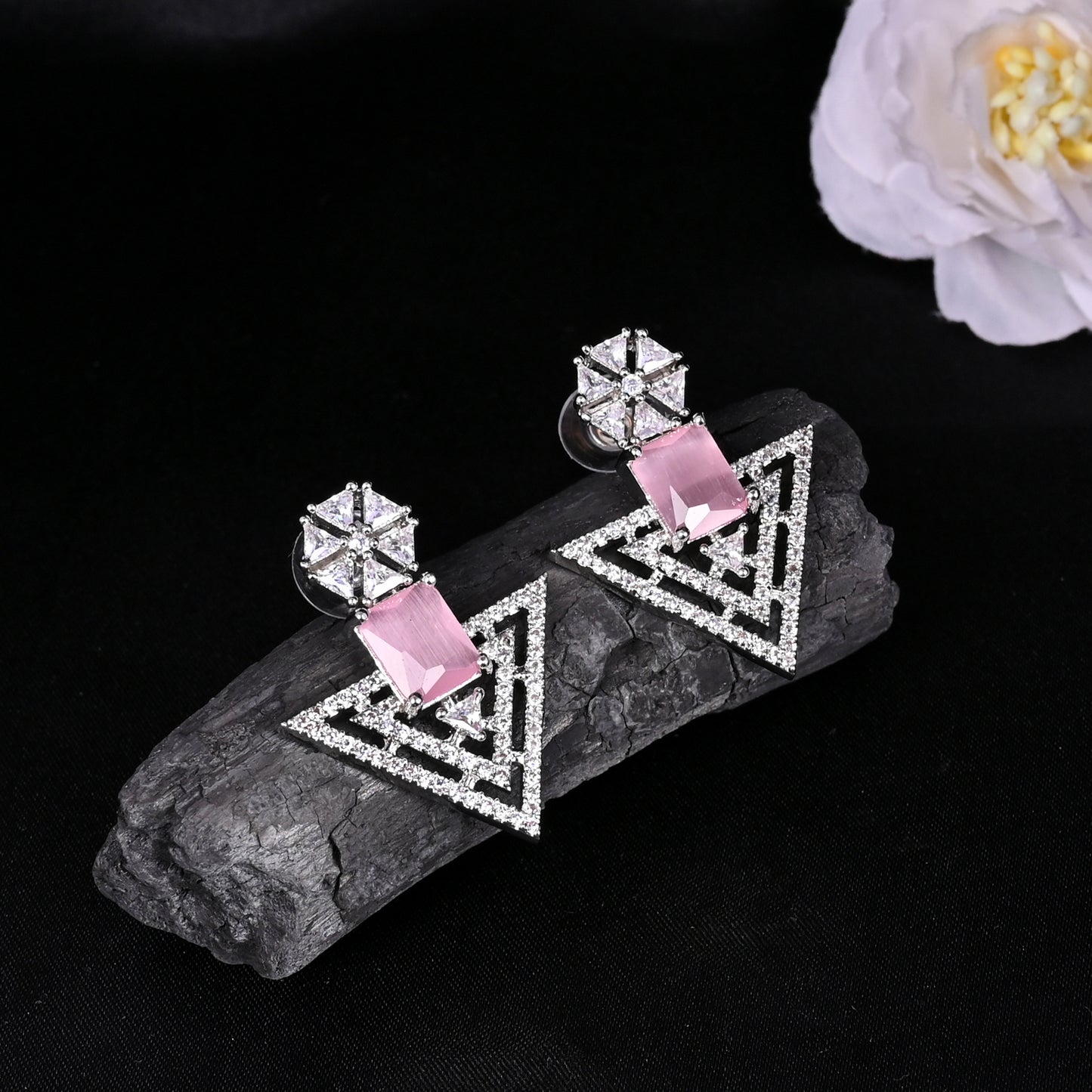 CKLAKART's NOOR Refined Silver Geometric Earrings with Pink Color Stones and Elegant American Diamond Accents