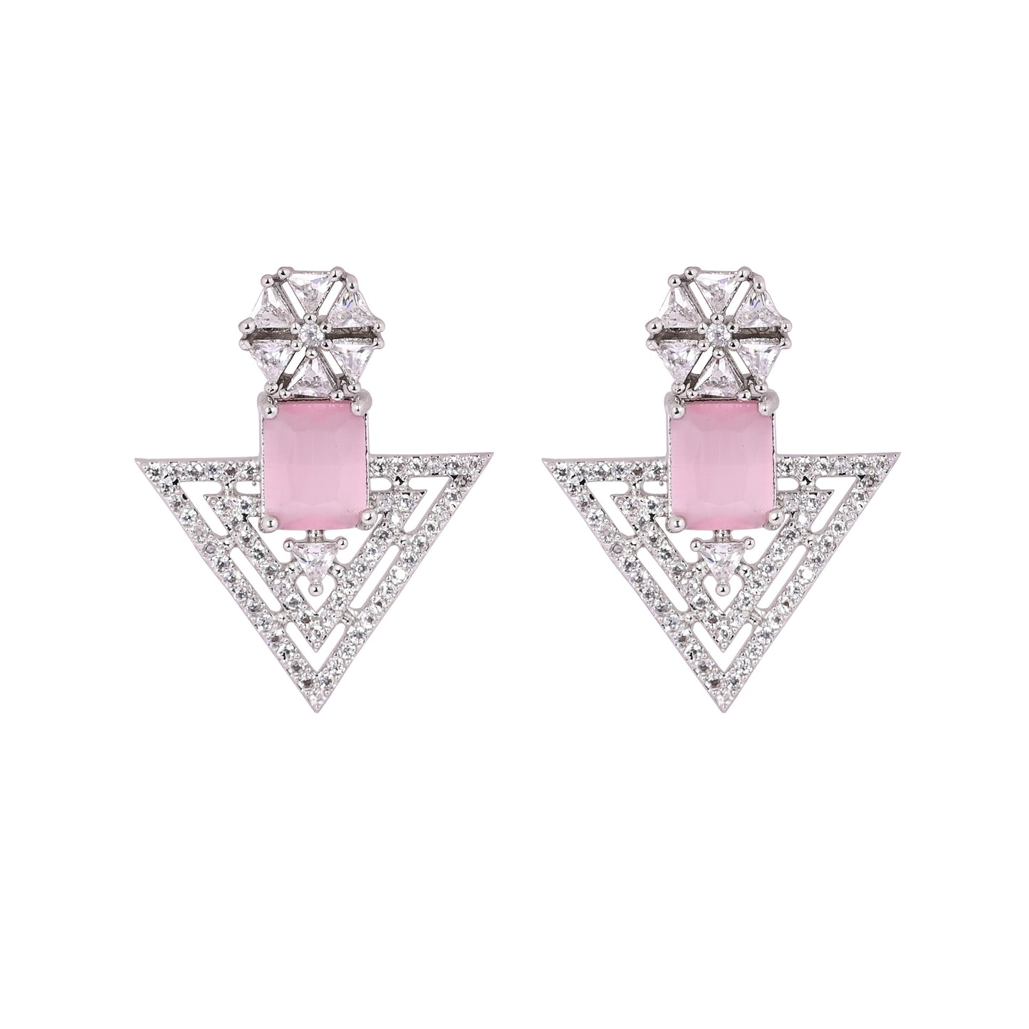 CKLAKART's NOOR Refined Silver Geometric Earrings with Pink Color Stones and Elegant American Diamond Accents