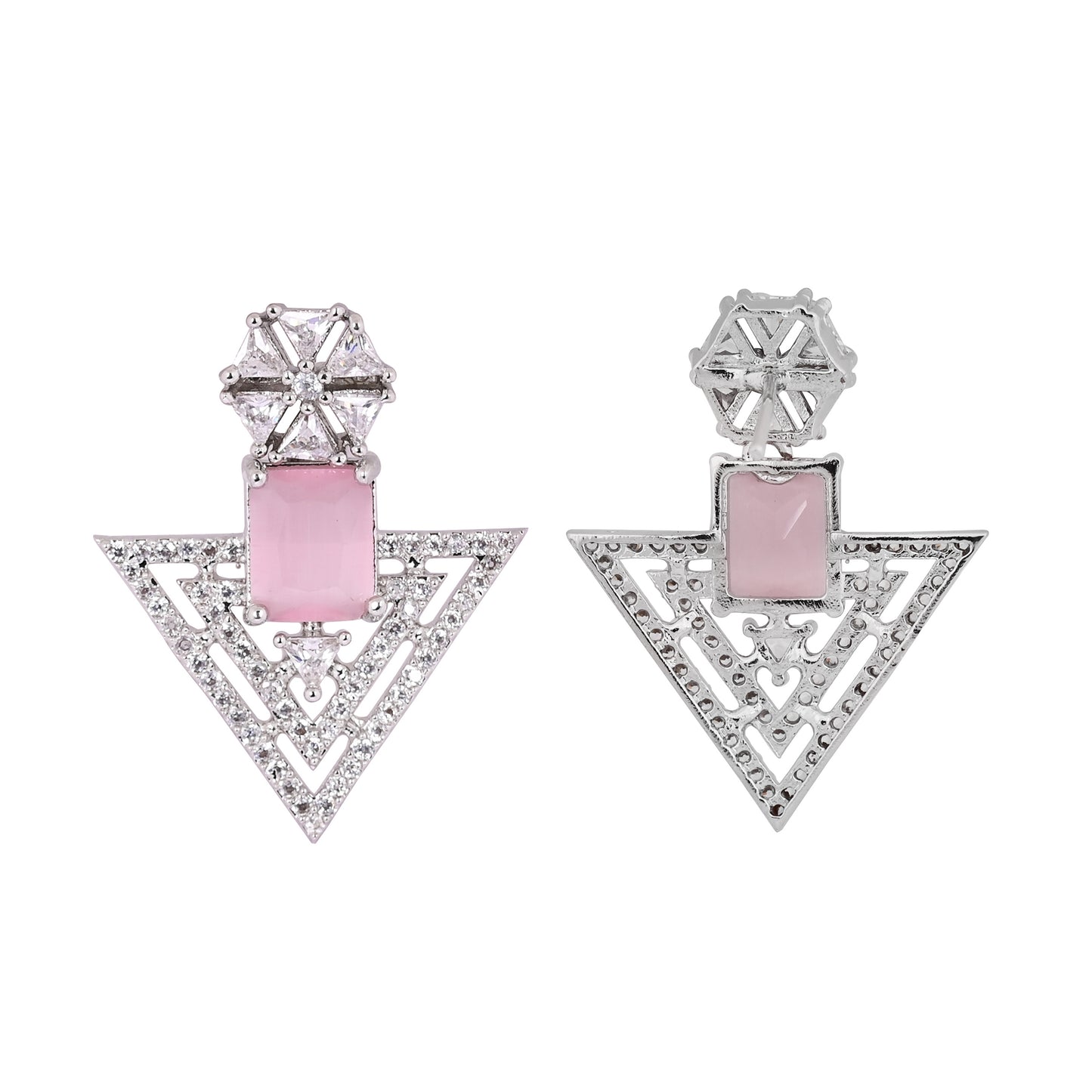 CKLAKART's NOOR Refined Silver Geometric Earrings with Pink Color Stones and Elegant American Diamond Accents