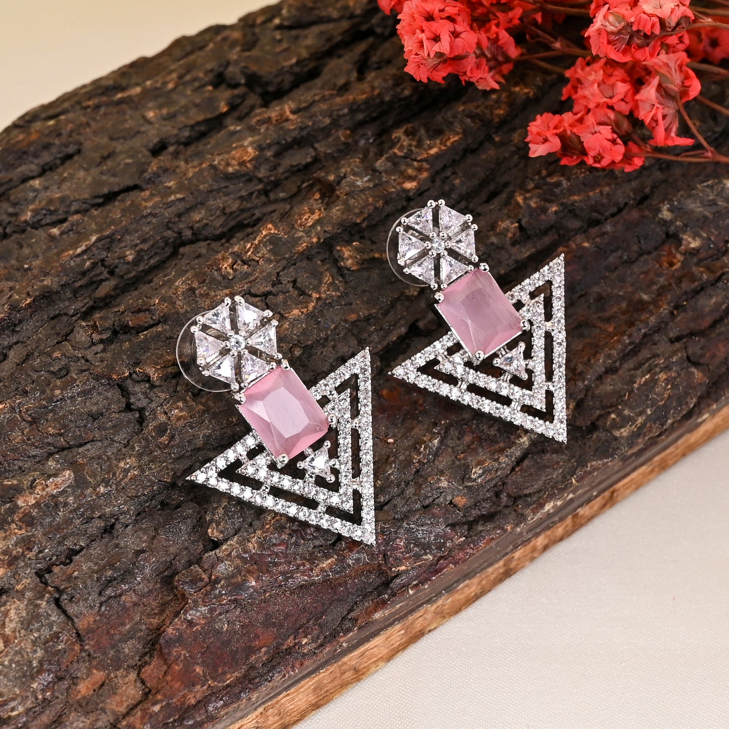 CKLAKART's NOOR Refined Silver Geometric Earrings with Pink Color Stones and Elegant American Diamond Accents