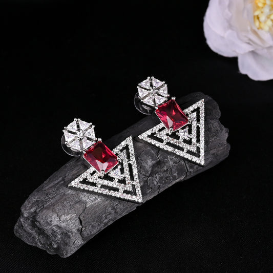 CKLAKART's NOOR Refined Silver Geometric Earrings with Ruby Color Stones and Elegant American Diamond Accents