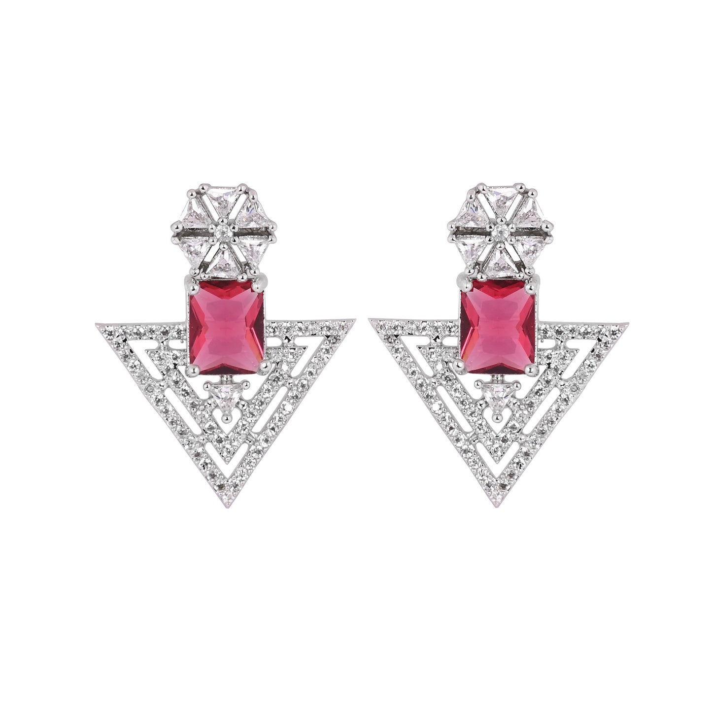 CKLAKART's NOOR Refined Silver Geometric Earrings with Ruby Color Stones and Elegant American Diamond Accents