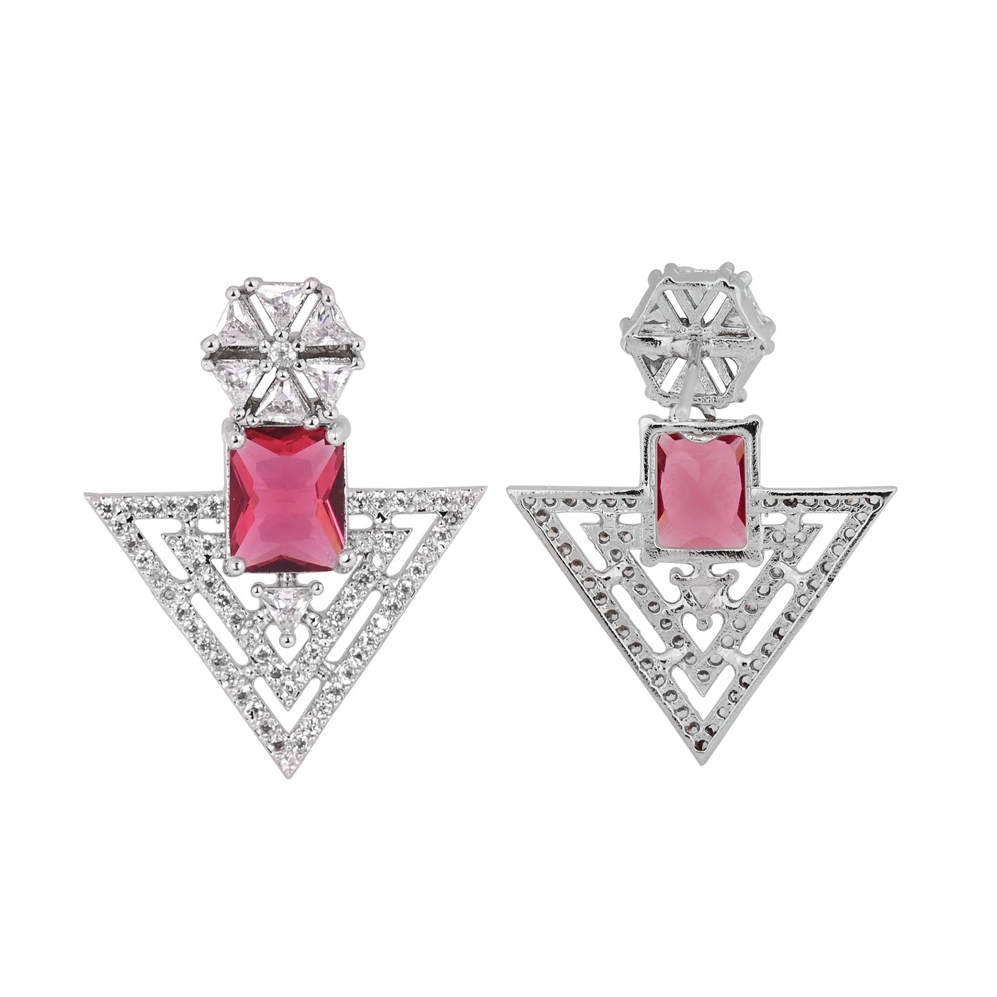 CKLAKART's NOOR Refined Silver Geometric Earrings with Ruby Color Stones and Elegant American Diamond Accents