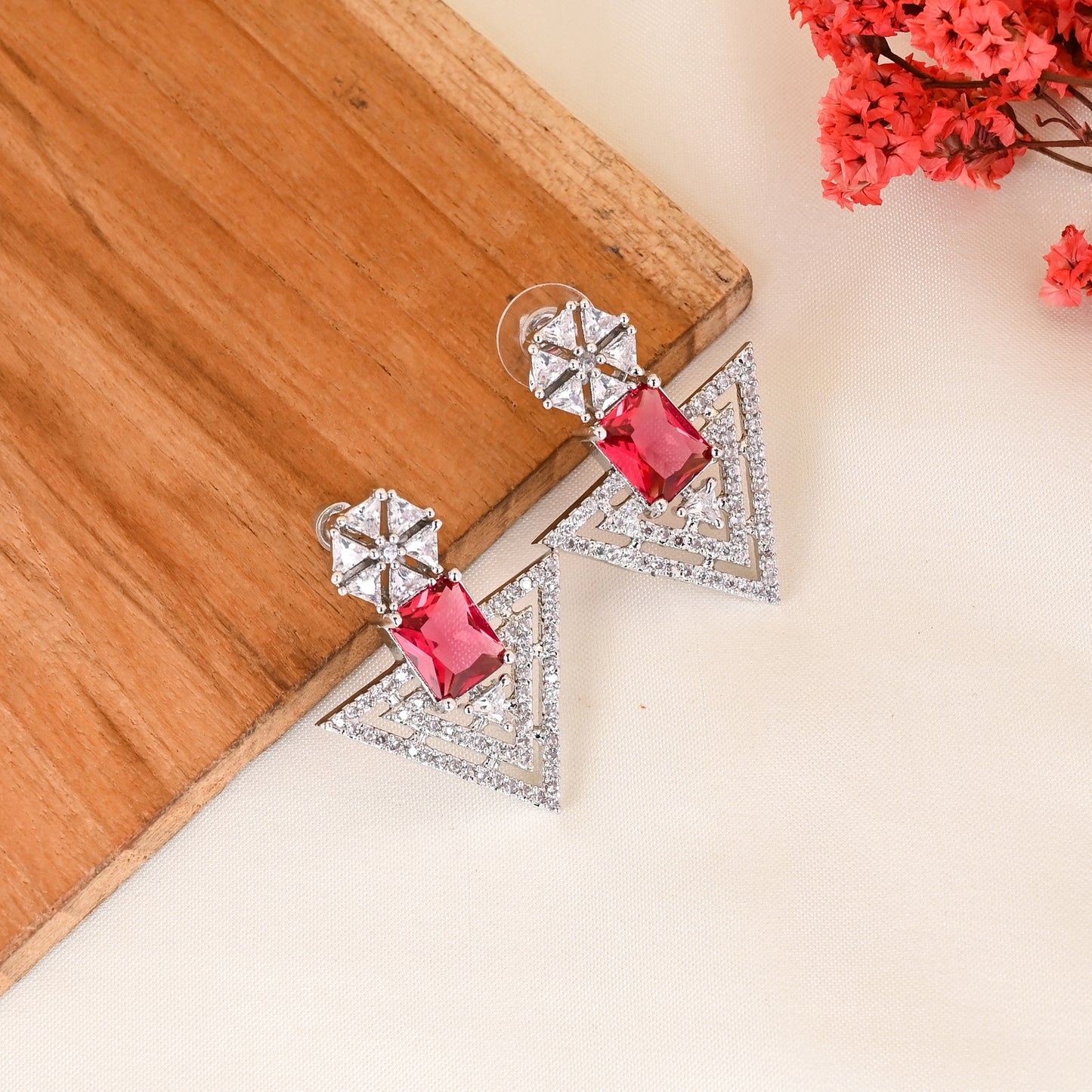 CKLAKART's NOOR Refined Silver Geometric Earrings with Ruby Color Stones and Elegant American Diamond Accents