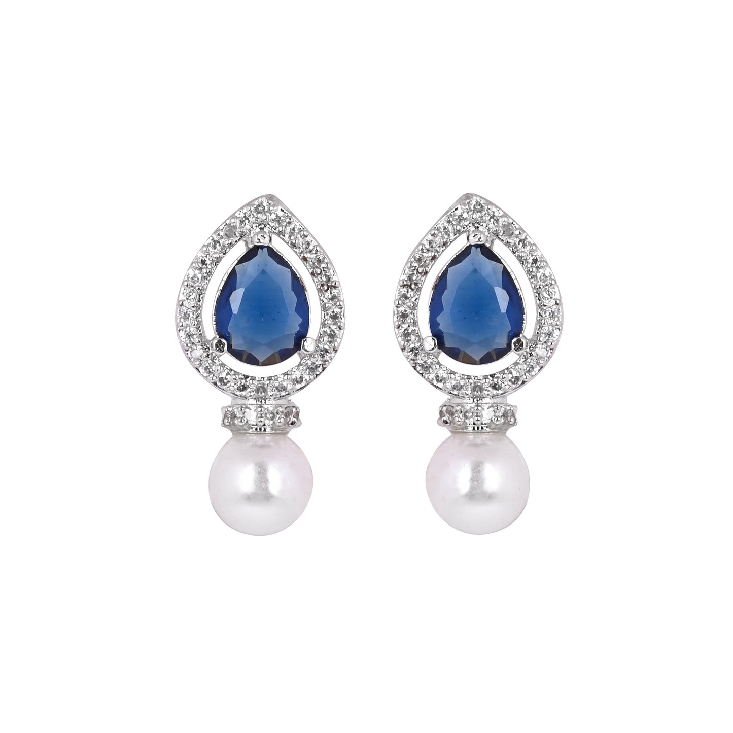 CKLAKART's NOOR Classic Silver-Toned Pearl Drop Earrings with Blue Sapphire Color Stones and Sophisticated American Diamonds