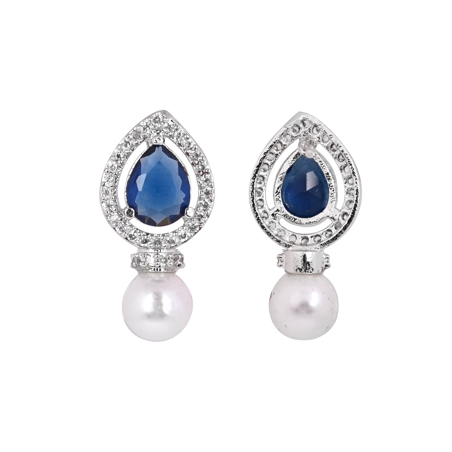 CKLAKART's NOOR Classic Silver-Toned Pearl Drop Earrings with Blue Sapphire Color Stones and Sophisticated American Diamonds