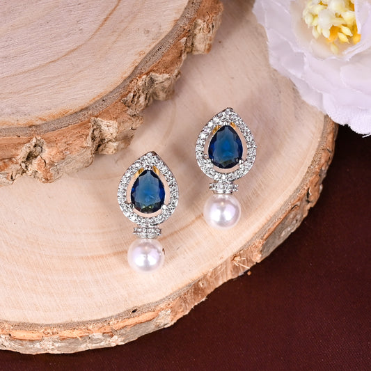 CKLAKART's NOOR Classic Silver-Toned Pearl Drop Earrings with Blue Sapphire Color Stones and Sophisticated American Diamonds