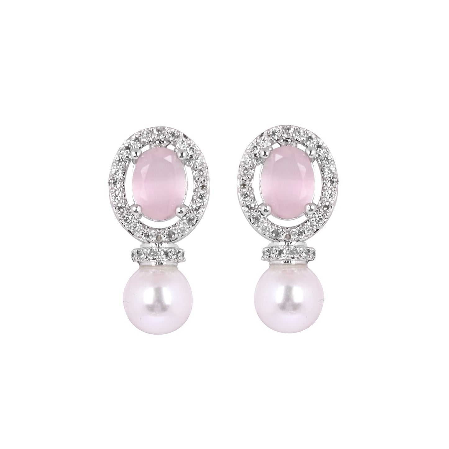 CKLAKART's NOOR Silver-Toned Pearl Drop Earrings Adorned with Pink Color Stones and Dazzling American Diamonds