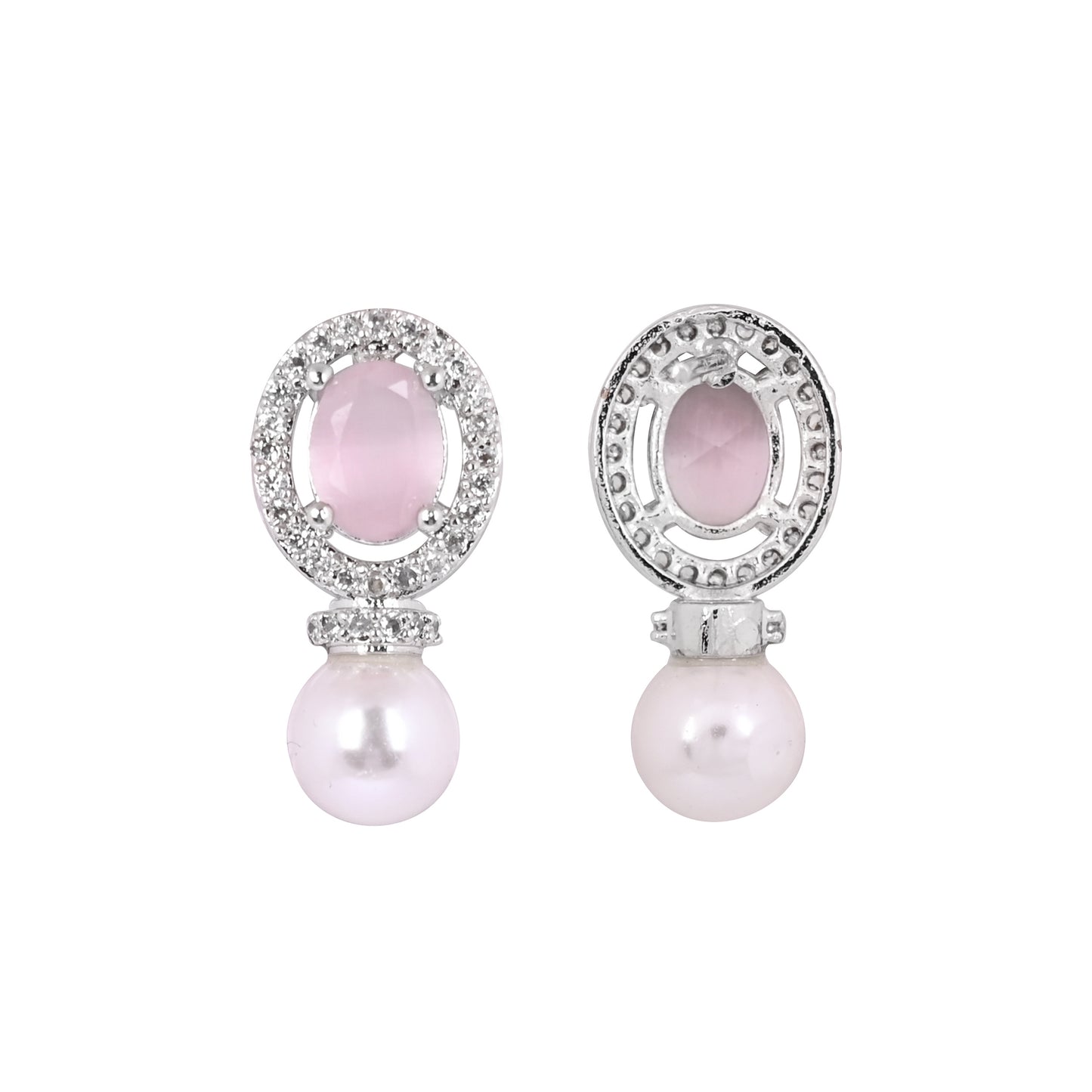 CKLAKART's NOOR Silver-Toned Pearl Drop Earrings Adorned with Pink Color Stones and Dazzling American Diamonds