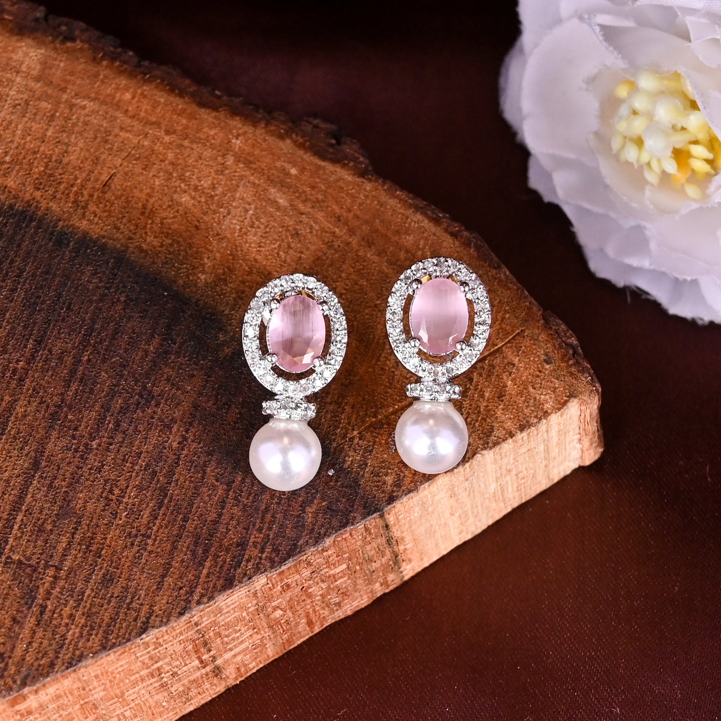 CKLAKART's NOOR Silver-Toned Pearl Drop Earrings Adorned with Pink Color Stones and Dazzling American Diamonds