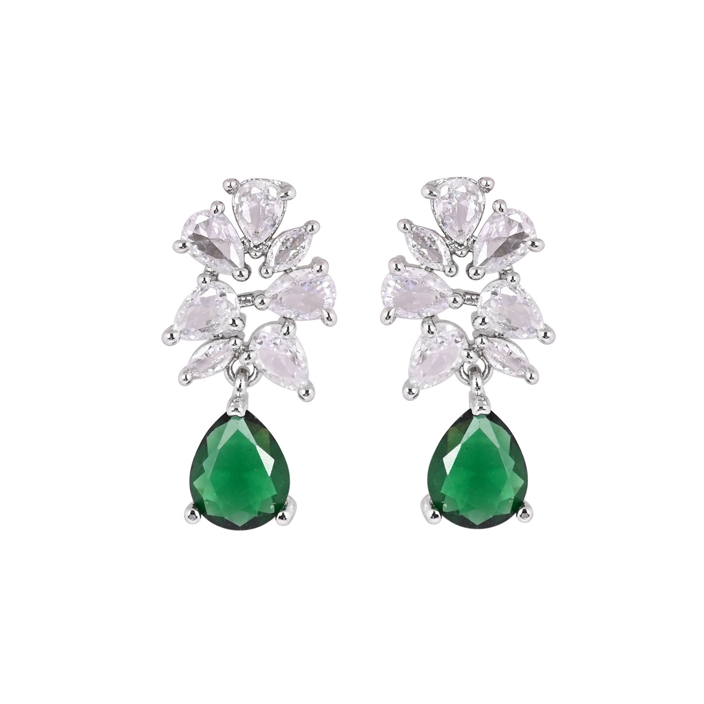 CKLAKART's NOOR Classic Silver-Toned Drop Earrings with Emerald Green Color Stones and Sophisticated American Diamonds