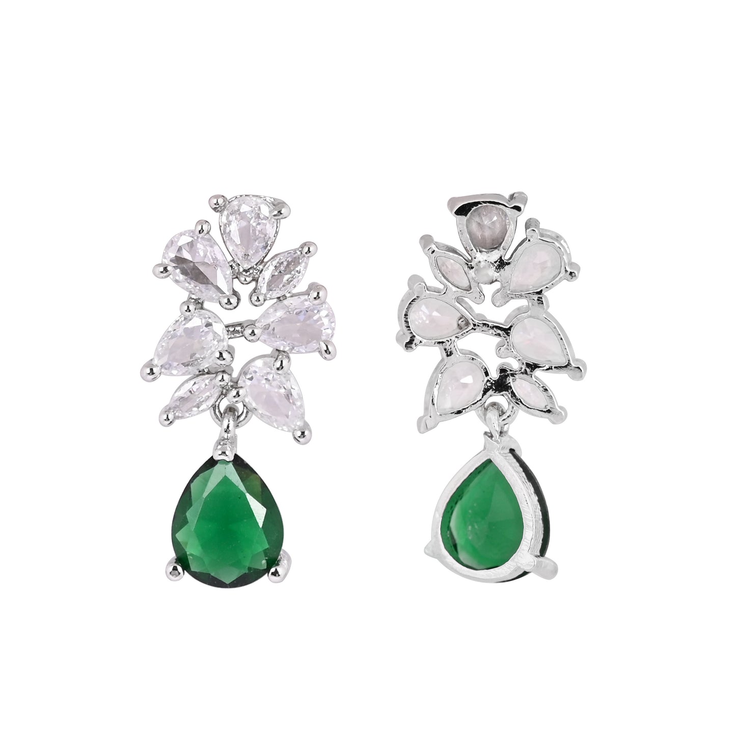 CKLAKART's NOOR Classic Silver-Toned Drop Earrings with Emerald Green Color Stones and Sophisticated American Diamonds