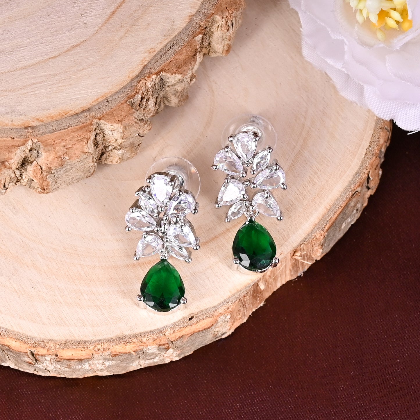 CKLAKART's NOOR Classic Silver-Toned Drop Earrings with Emerald Green Color Stones and Sophisticated American Diamonds