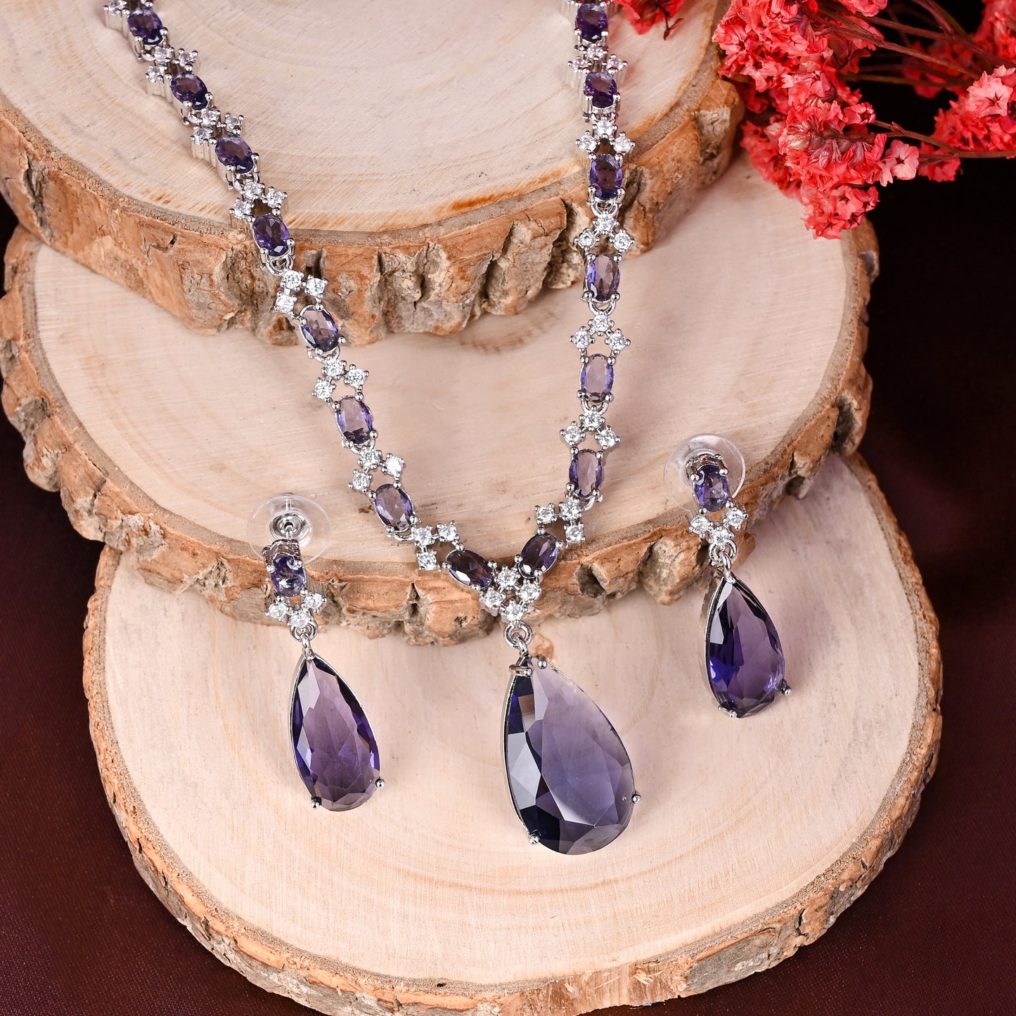 CKLAKART's NOOR Classic Silver-Toned Drop Necklace Set with Amethyst Purple Stones and Sophisticated American Diamonds